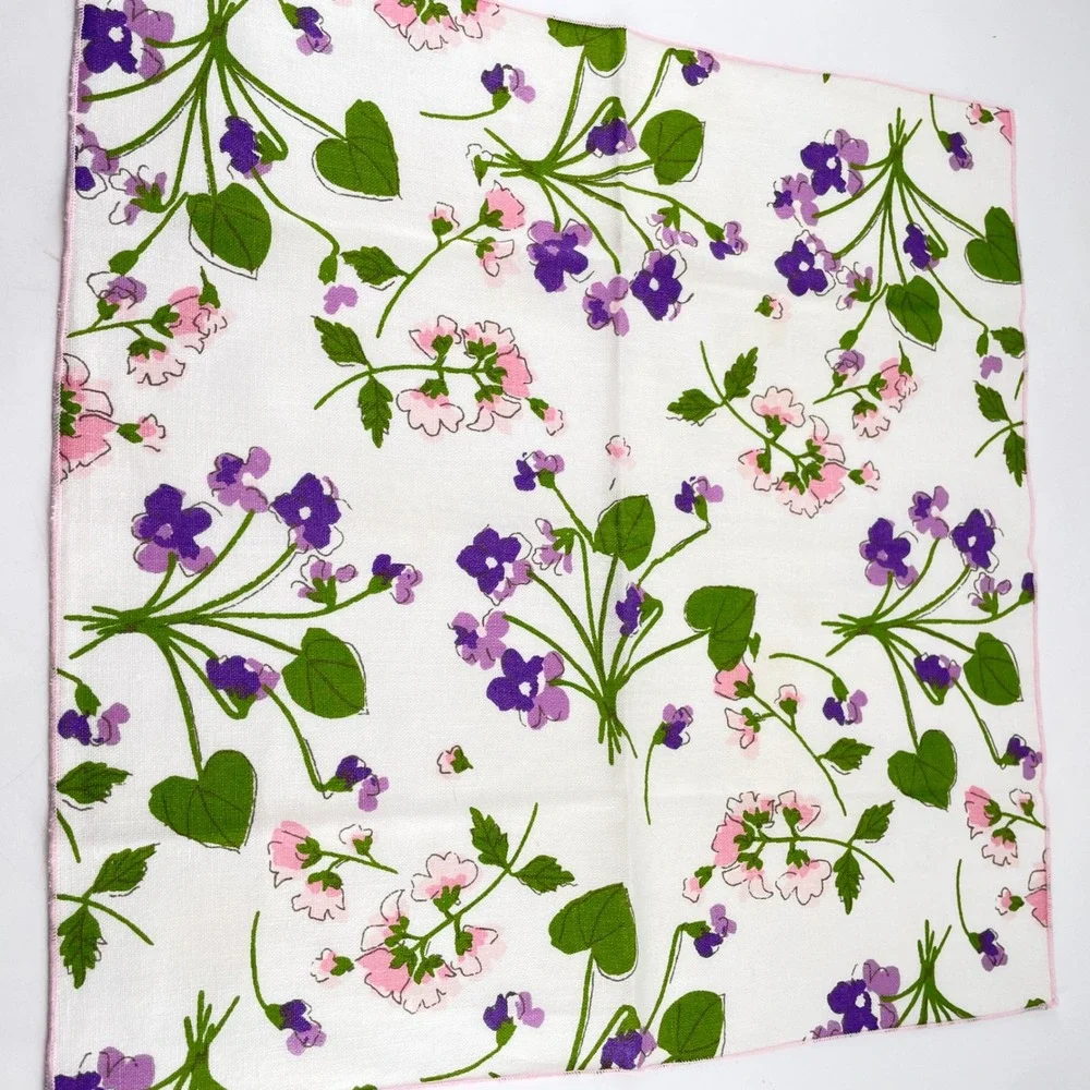 Vera Neumann 60-70s Floral Napkins x8 Crisp Vibrant Purple Violets Pink Edge Tag